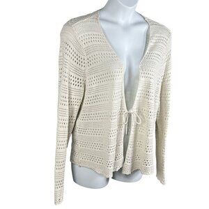 Torrid Womens 3X Crochet Knit Bone Cardigan Tie Front 100% Cotton Cottagecore
